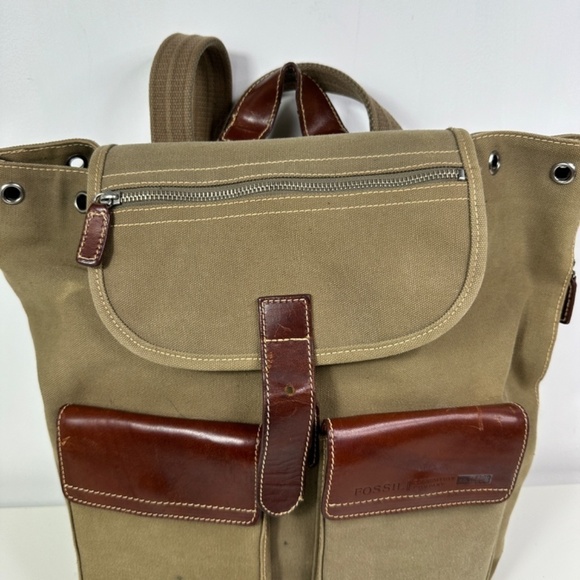 Fossil Green Canvas Brown Leather-Trim Backpack Travel Bag - Picture 4 of 13
